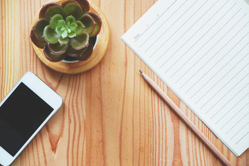Flat lay work space of notebook paper, pencil, smartphone and succulent plants on wood desk. Unisex minimal style with white and light brown color tone.