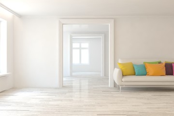 Empty room in white color with colorful sofa. Scandinavian interior design. 3D illustration