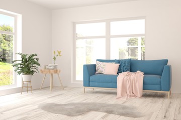 Stylish room in white color with sofa. Scandinavian interior design. 3D illustration