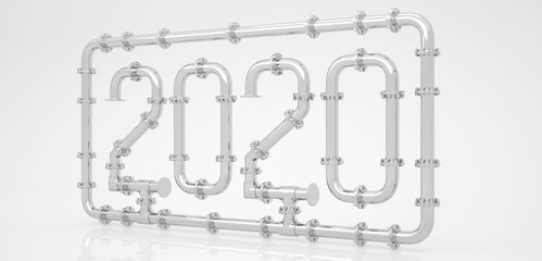 New Year 2020 made of chrome pipes surrounded by a frame on a white background. 3D render.