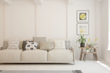 Stylish room in white color with sofa. Scandinavian interior design. 3D illustration