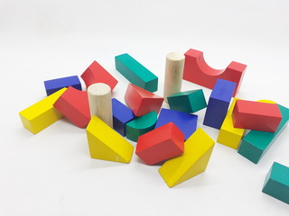 Artistic Handmade Colorful Various Shape Wooden Building Blocks Kid Toys for Playing and Creative Educational Purpose in White Isolated Background