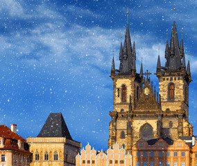 Christmas in Prague, Czech Republic. Central square old town (Staromestska) in front of Church of...