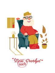 Cute grandfather on vector greeting card with label best grandpa ever