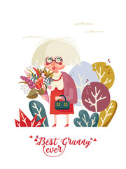 Cute grandma on vector greeting card with label best granny ever