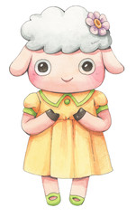 Cute sheep character cartoon watercolor. Kawaii girl is wearing a yellow dress and pink flower hairpin. Isolated on white background. Clip art for logo element, sticker and decoration illustration.