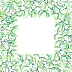 Frame with watercolor wreath of mistletoe.  Place for your text. Perfect for greetings, invitations, announcement, web and wedding design. Raster.
