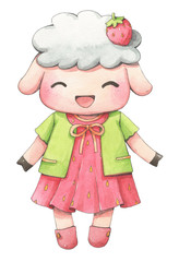 Cute sheep character cartoon watercolor. Wearing a green jacket and a red skirt, hairpin strawberry. Isolated on white background. Clip art for logo element, sticker and decoration illustration.