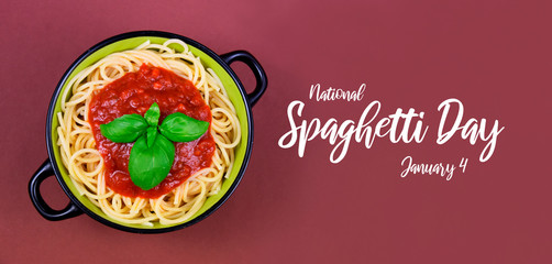 National Spaghetti Day images. Spaghetti pasta with tomato sauce on a brown background stock images. Spaghetti with basil on a brown background. Pasta top view banner