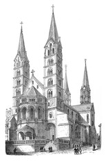 Fototapeta premium Bamberger Dom St. Peter und St. Geor, church, at Bambert Germany, Antique Ilustration from Brockhaus Konversations-Lexikon 1908