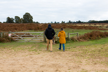 A middle ages couple taking their dog for a walk through the countryside