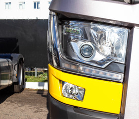 Modern truck headlight with diode illumination. Road safety concept, close-up. LED