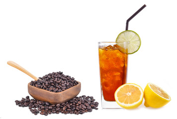 tea cocktail with lemon and ice on a white background