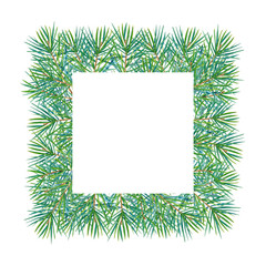 Square frame with watercolor wreath of fir branches.  Place for your text. Perfect for greetings, invitations, announcement, web and wedding design. Raster.