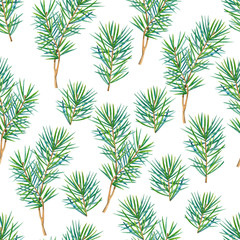 Seamless pattern with watercolor fir branches. Perfect for greetings, invitations, manufacture wrapping paper, textile, wedding New Year and web design. Raster illustration.