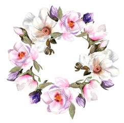 Naklejka na ściany i meble watercolor wreath with magnolia flowers