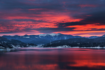 Red sky at Colibita lake, Transylvania. 