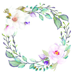 Watercolor wreath with magnolia flowers & green leaves