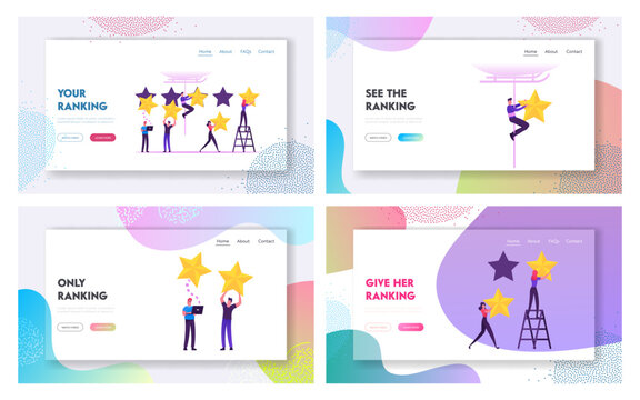 Clients Evaluate Service Using Internet Technology Website Landing Page Set. Customers Vote Put Golden Stars in Mobile App. Feedback and Satisfaction Web Page Banner. Cartoon Flat Vector Illustration