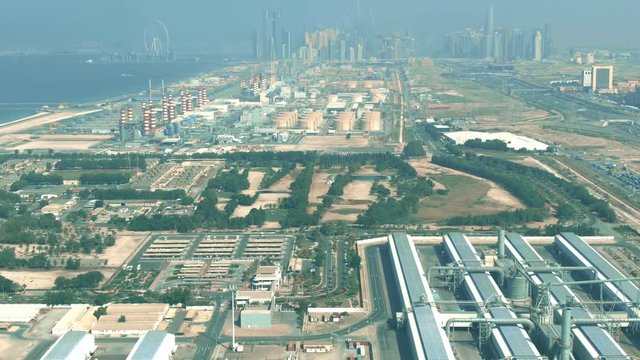 Aerial Shot Of A Water Desalination Facility And A Power Plant In Dubai, United Arab Emirates UAE