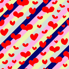 Seamless vector pattern of hand-drawn red hearts on diagonal repeating unicorn colors stripes background. Valentine's Day February 14 Festive Element. Cute holiday symbol of Love, weddings, romantic