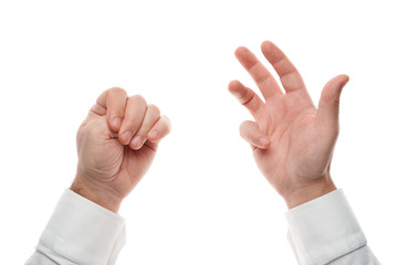 Man hands, counting gesture, isolated on white background. White shirt, business style.