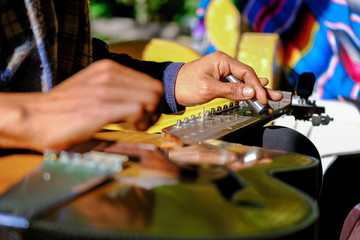 Musicians are preparing to perform.