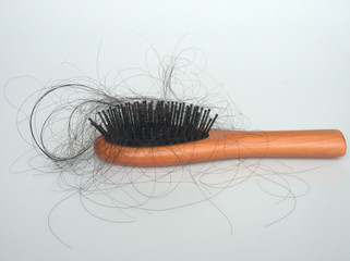 Hair falling out is on the brush with the white background. The causes of hair loss in men or women...