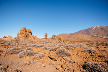 Los Roques de Garcia from Tenerife with the beautiful Teide in the background. Teide National Park, Tenerife, Spain