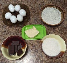 ingredients for bakery cake on kitchen table
