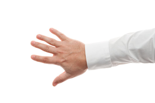 Man hands gesture isolated on white background. White shirt, business style.