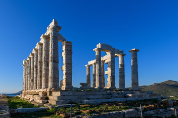 Ruins of ancient Temple of Poseidon at Cape Sounion in Attica, Greece