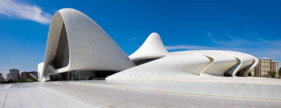 Very large panoramic view of Haydar Aliyev Centre designed by architect Zaha Hadid and won the Design Museum’s Design of the 2014 Year Award