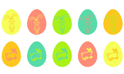 Set of Easter eggs with contour ornament. Color drawings of rabbits and bunnies. The symbol of the holiday. Vector illustration.