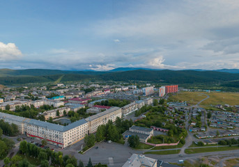 Aerial view of Satka city and mountains. Chellyabinsk region, Russia. Summer, evening