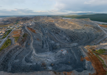Karagai quarry in Satka city. Chelyabinsk region, Russia. Aerial, summer, evening