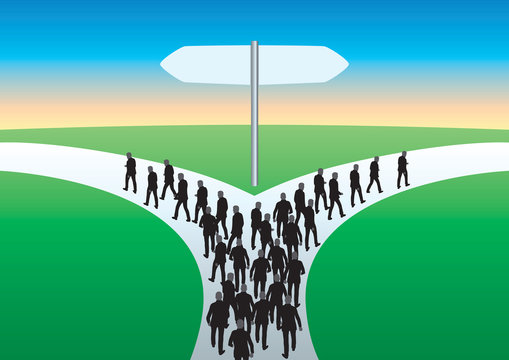 Concept du choix et de rupture avec le symbole d&rsquo;un chemin qui se s&eacute;pare et deux groupes qui partent dans des directions oppos&eacute;es.