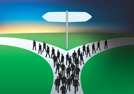 Concept du choix et de la chance montrant un chemin qui se s&eacute;pare en deux, avec un groupe qui part vers l&rsquo;obcurit&eacute; et un autre qui prend la direction de la lumi&egrave;re.