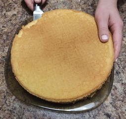 woman confectioner cutting cake on plate