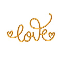 Love. Vector3d golden hand drawn calligraphy phrase on white background. Template for greeting card on Valentine's Day