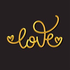 Love. Vector3d golden hand drawn calligraphy phrase on black background. Template for greeting card on Valentine's Day
