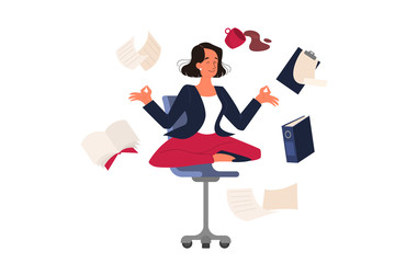 Woman in lotus pose. Employee meditate against stress.