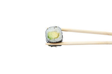 fresh vegetarian maki sushi roll with wooden chopsticks isolated on white background.