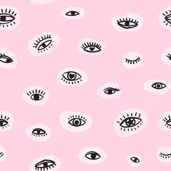 Wall murals Eyes Vector seamless textured pattern. Hand drawn repeat background with eyes.  Cute fabric design.