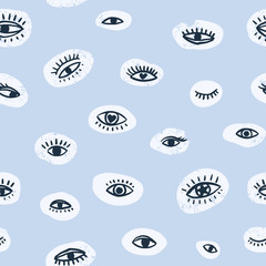 Vector seamless textured pattern. Hand drawn repeat background with eyes.  Cute fabric design in blue color.