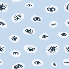 Wall murals Eyes Vector seamless textured pattern. Hand drawn repeat background with eyes.  Cute fabric design in blue color.