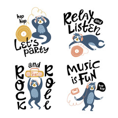 Cool sloths at the party, listening to music and relaxing. Vector design for cards, posters or print for t-shirt. Hand drawn cute animals isolated on the white background with lettering