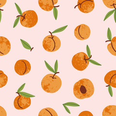 Apricot seamless pattern. Hand drawn fruit and sliced pieces. Summer tropical endless background. Vector fruit design for label, fabric, packaging.