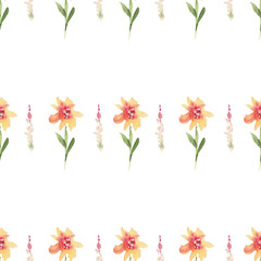 Seamless pattern of watercolor orange flowers on a white background. Use for invitations, birthdays, menus