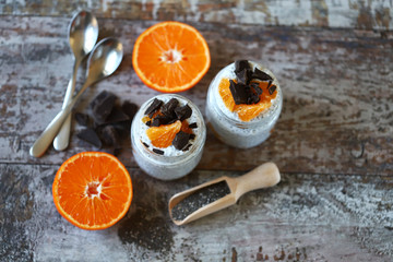 Chia pudding with chocolate and fruit. Healthy breakfast or snack. Keto diet. Keto dessert.